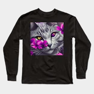 Grey Cat Wolf Surrounded by Purple Flowers Long Sleeve T-Shirt